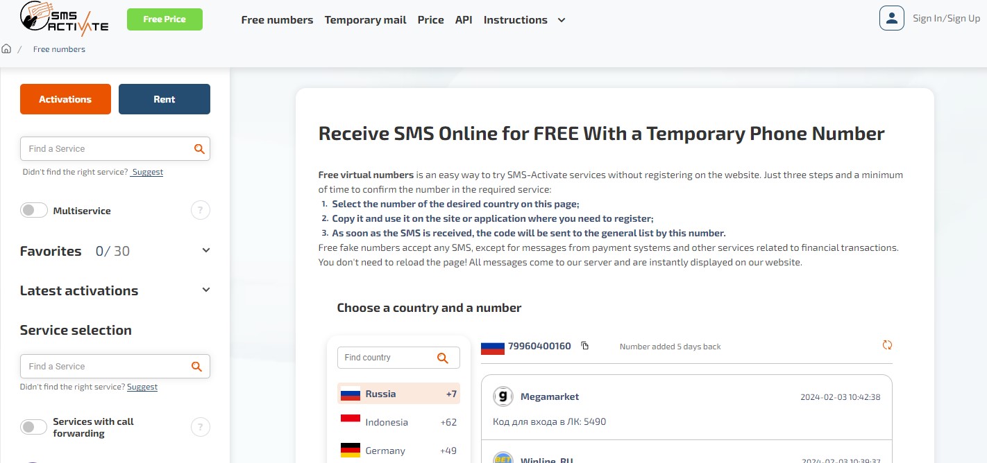 sms-activate Free Temporary phone number